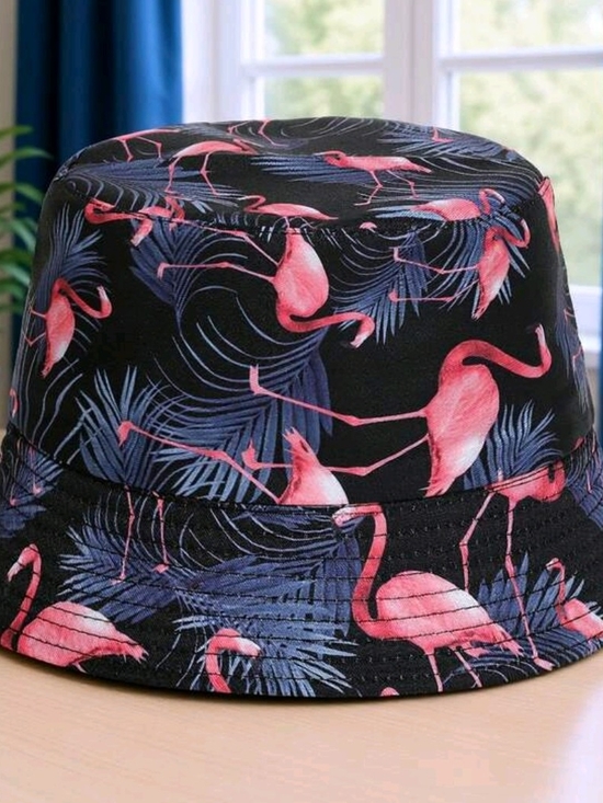 no brand Accessories - Women’s Black Bucket Hat with Pink Flamingo Print